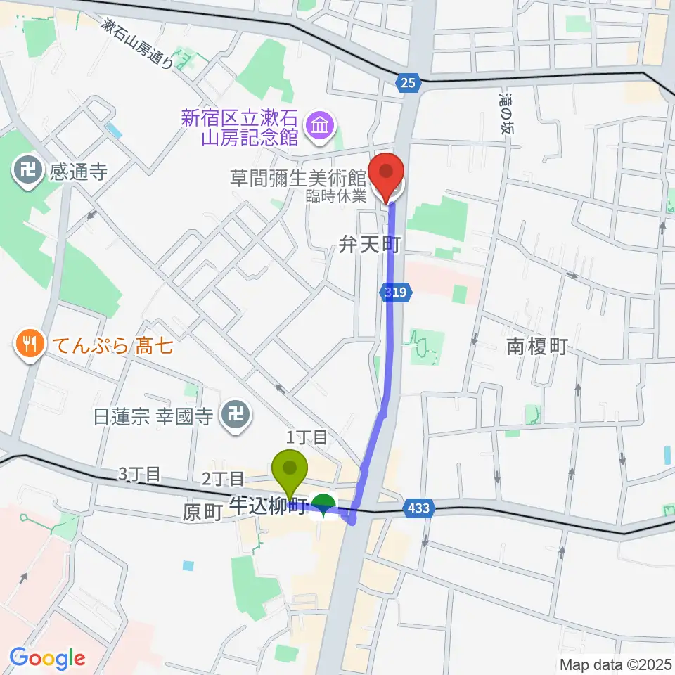 草間彌生美術館の最寄駅牛込柳町駅からの徒歩ルート（約7分）地図