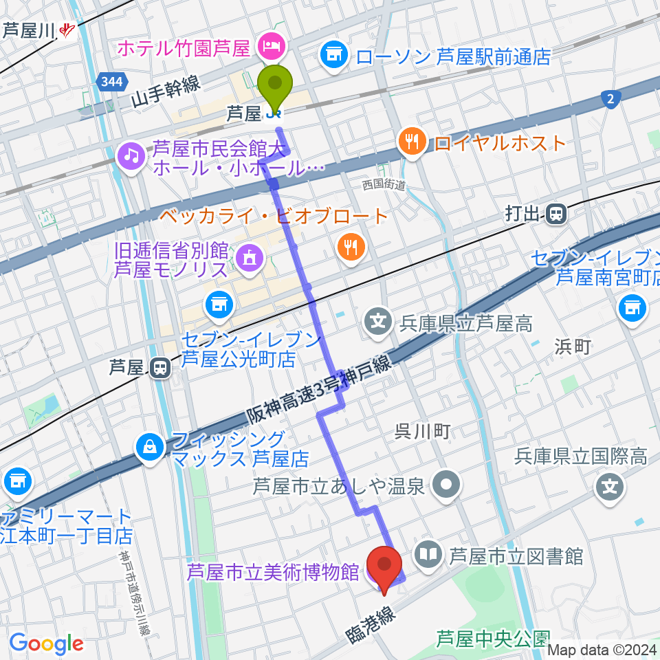 芦屋駅から芦屋市立美術博物館へのルートマップ地図