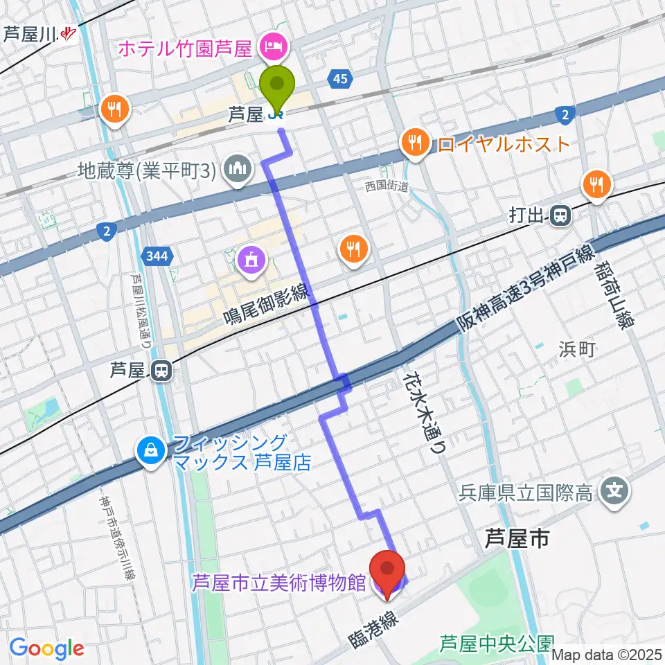 芦屋駅から芦屋市立美術博物館へのルートマップ地図