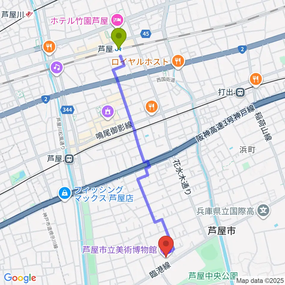 芦屋駅から芦屋市立美術博物館へのルートマップ地図