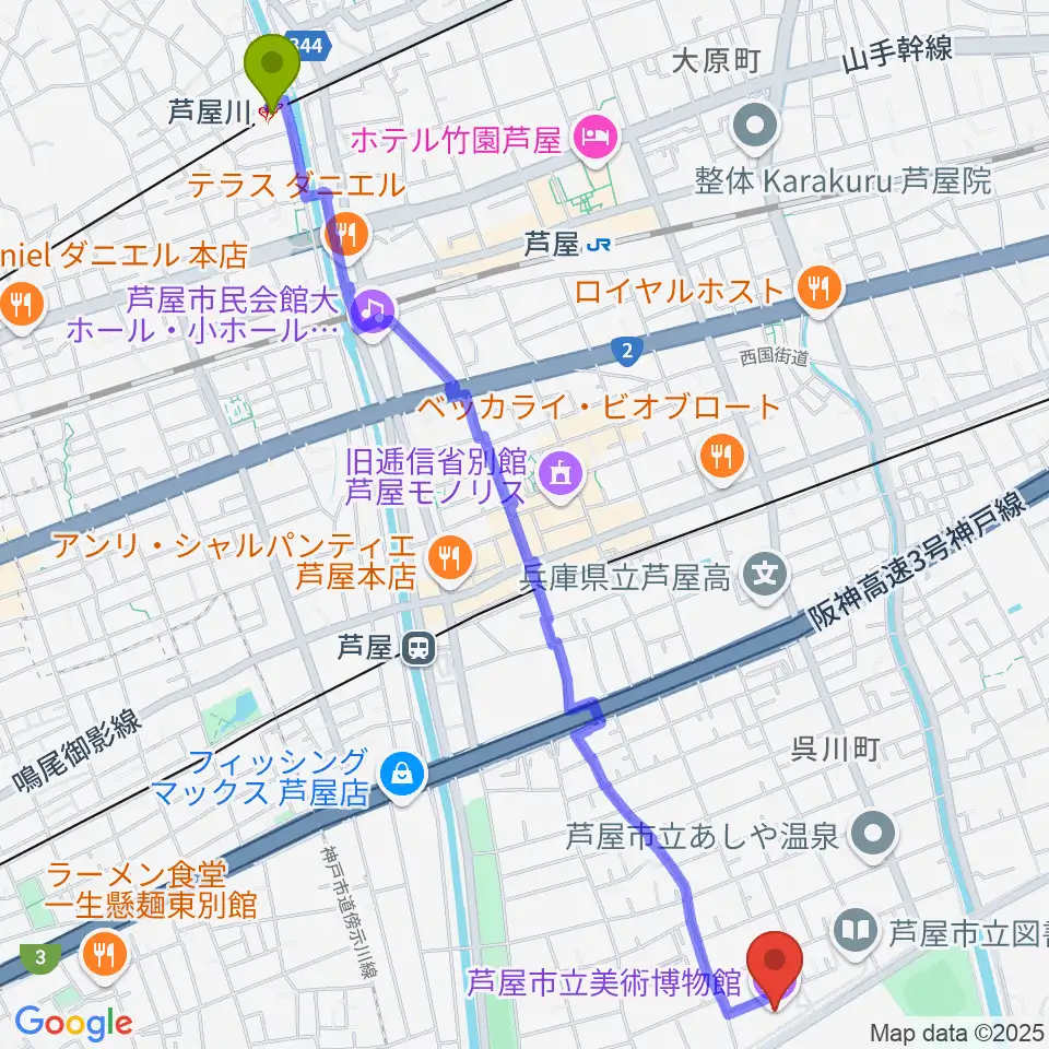 芦屋川駅から芦屋市立美術博物館へのルートマップ地図