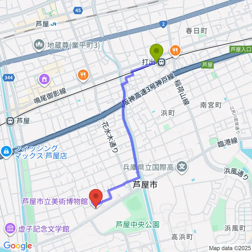 打出駅から芦屋市立美術博物館へのルートマップ地図