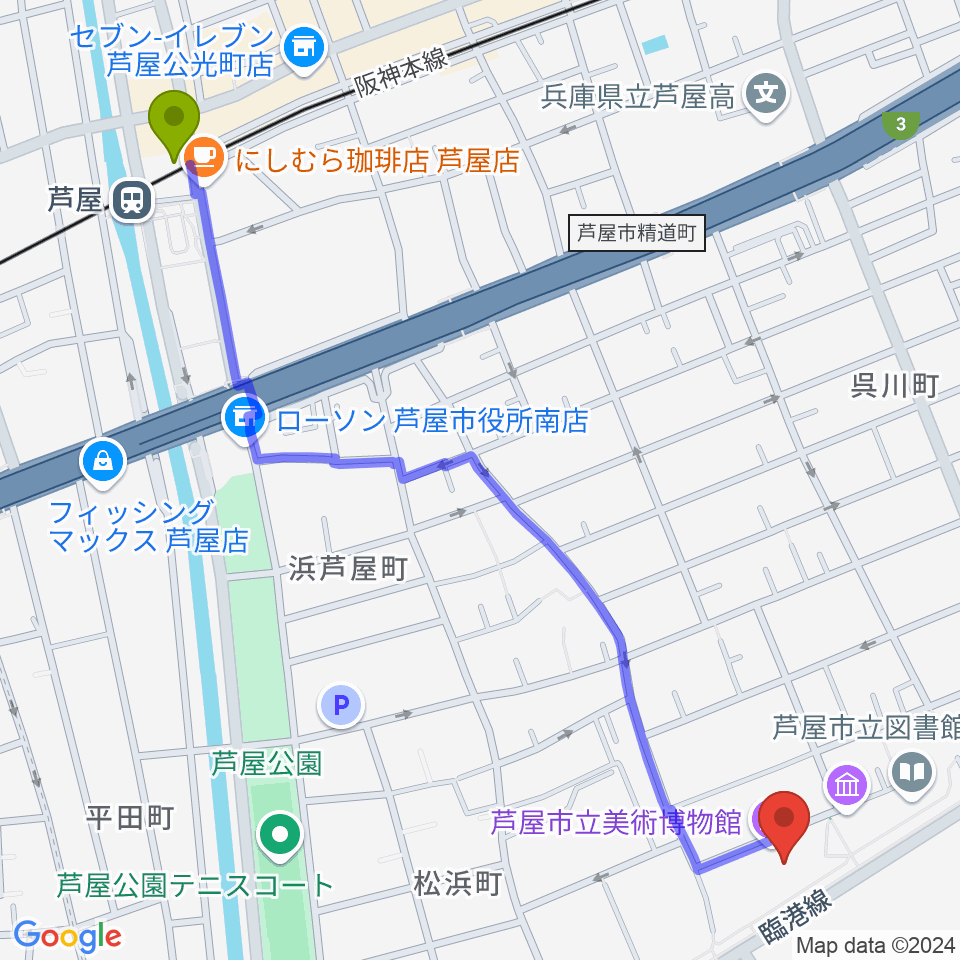 芦屋市立美術博物館の最寄駅芦屋駅からの徒歩ルート（約15分）地図