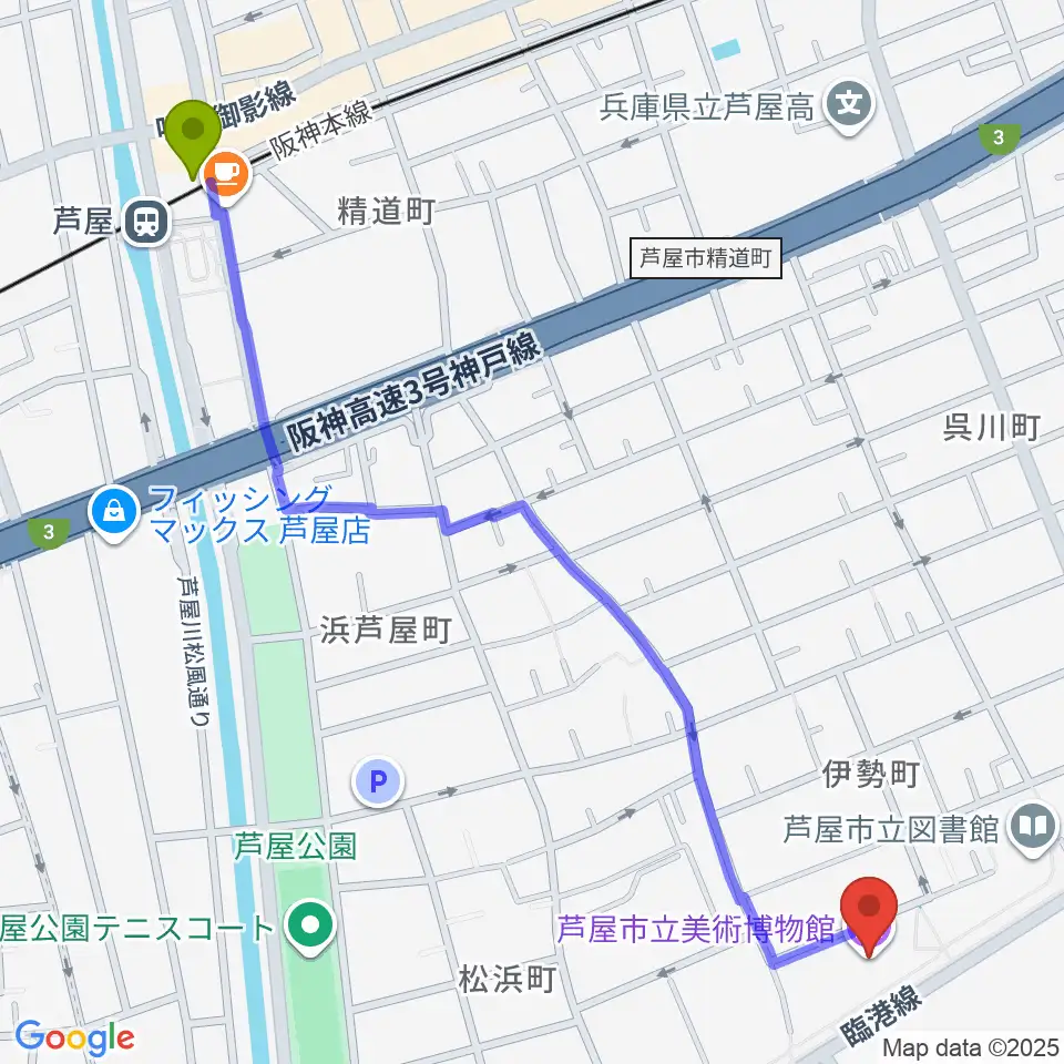 芦屋市立美術博物館の最寄駅芦屋駅からの徒歩ルート（約15分）地図