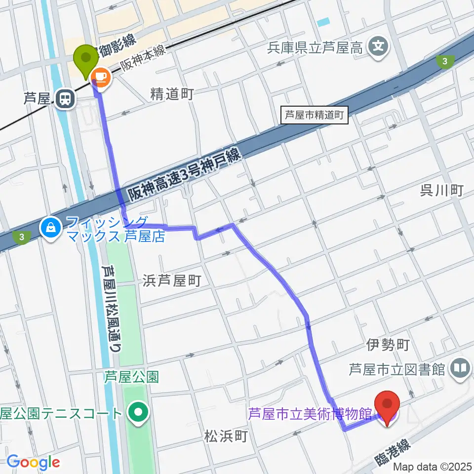芦屋市立美術博物館の最寄駅芦屋駅からの徒歩ルート（約15分）地図