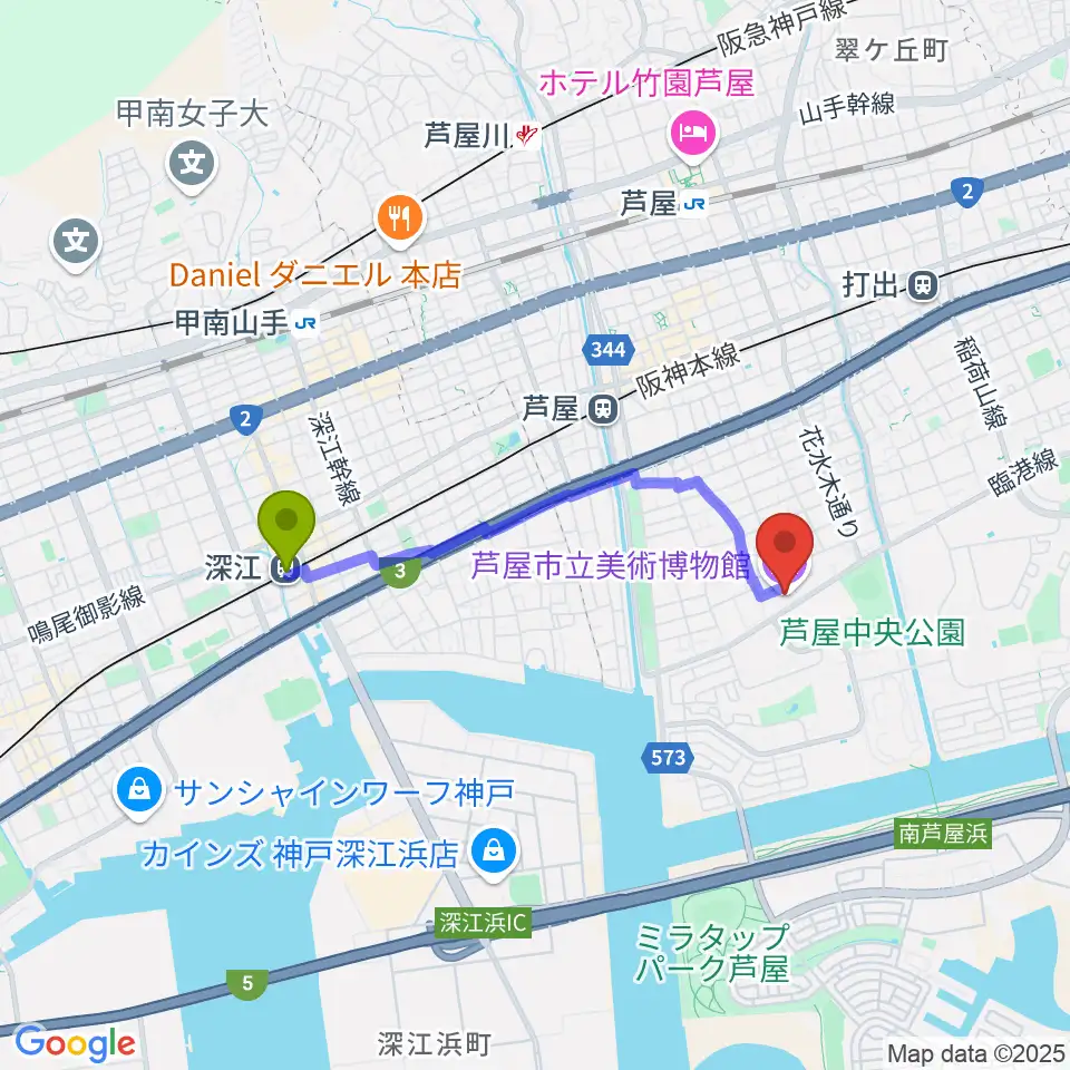 深江駅から芦屋市立美術博物館へのルートマップ地図