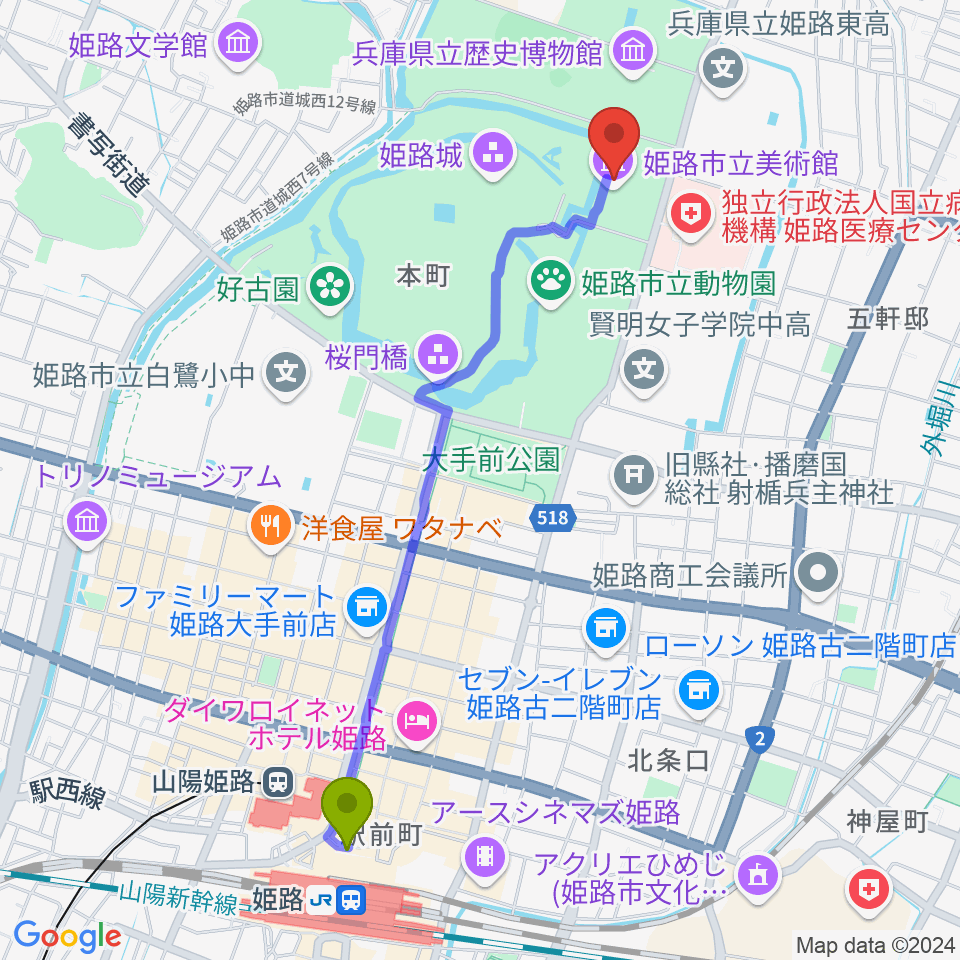 姫路駅から姫路市立美術館へのルートマップ地図