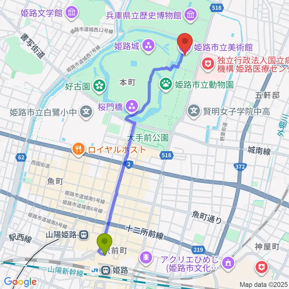 姫路駅から姫路市立美術館へのルートマップ地図