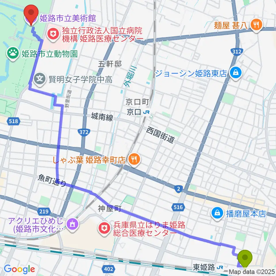東姫路駅から姫路市立美術館へのルートマップ地図