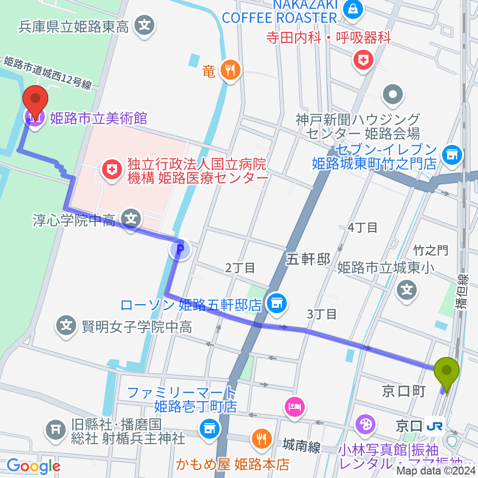 姫路市立美術館の最寄駅京口駅からの徒歩ルート（約16分）地図