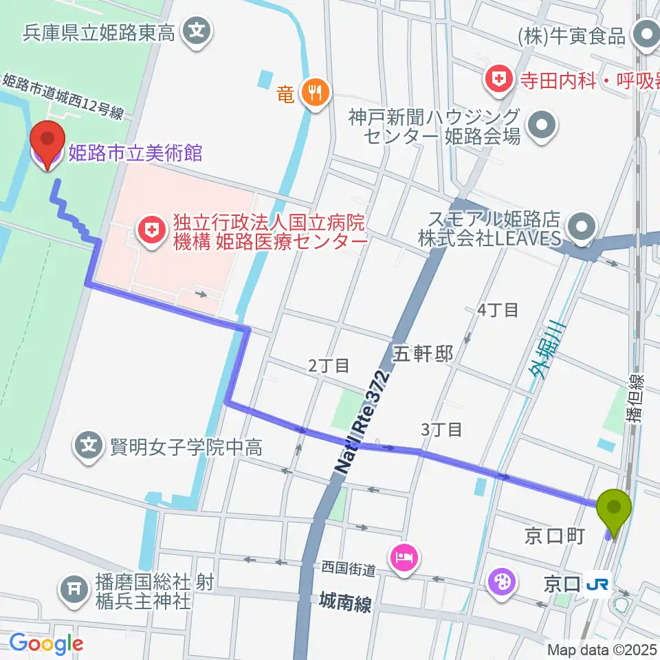姫路市立美術館の最寄駅京口駅からの徒歩ルート（約16分）地図