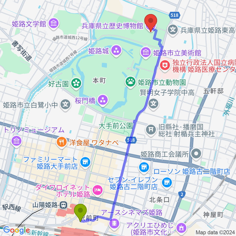 姫路駅から兵庫県立歴史博物館へのルートマップ地図