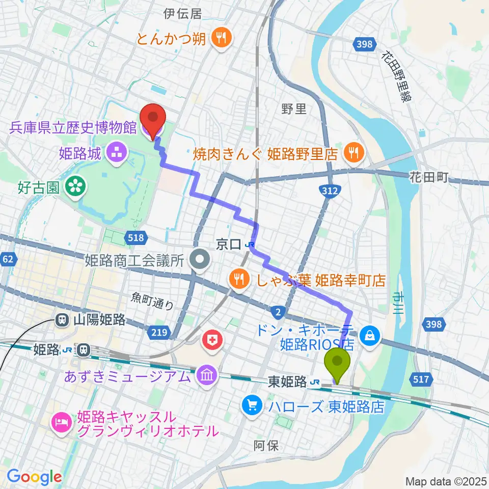 東姫路駅から兵庫県立歴史博物館へのルートマップ地図