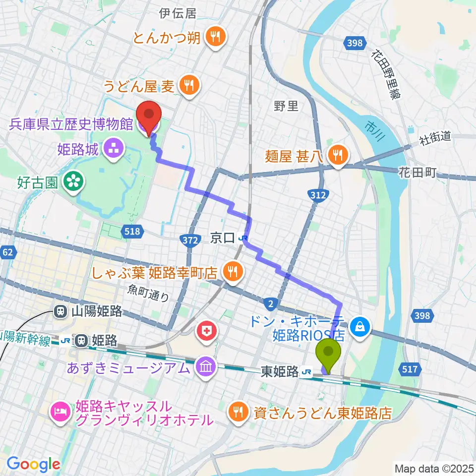 東姫路駅から兵庫県立歴史博物館へのルートマップ地図