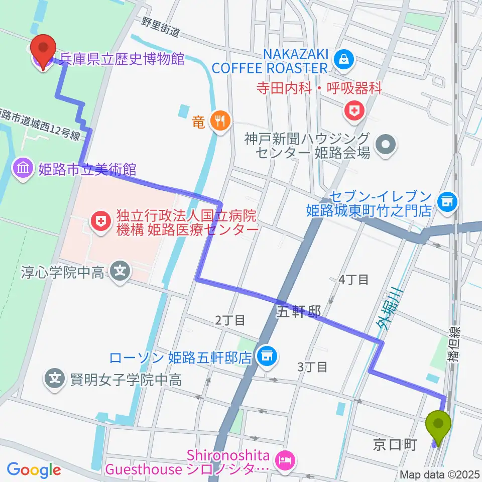 兵庫県立歴史博物館の最寄駅京口駅からの徒歩ルート（約18分）地図