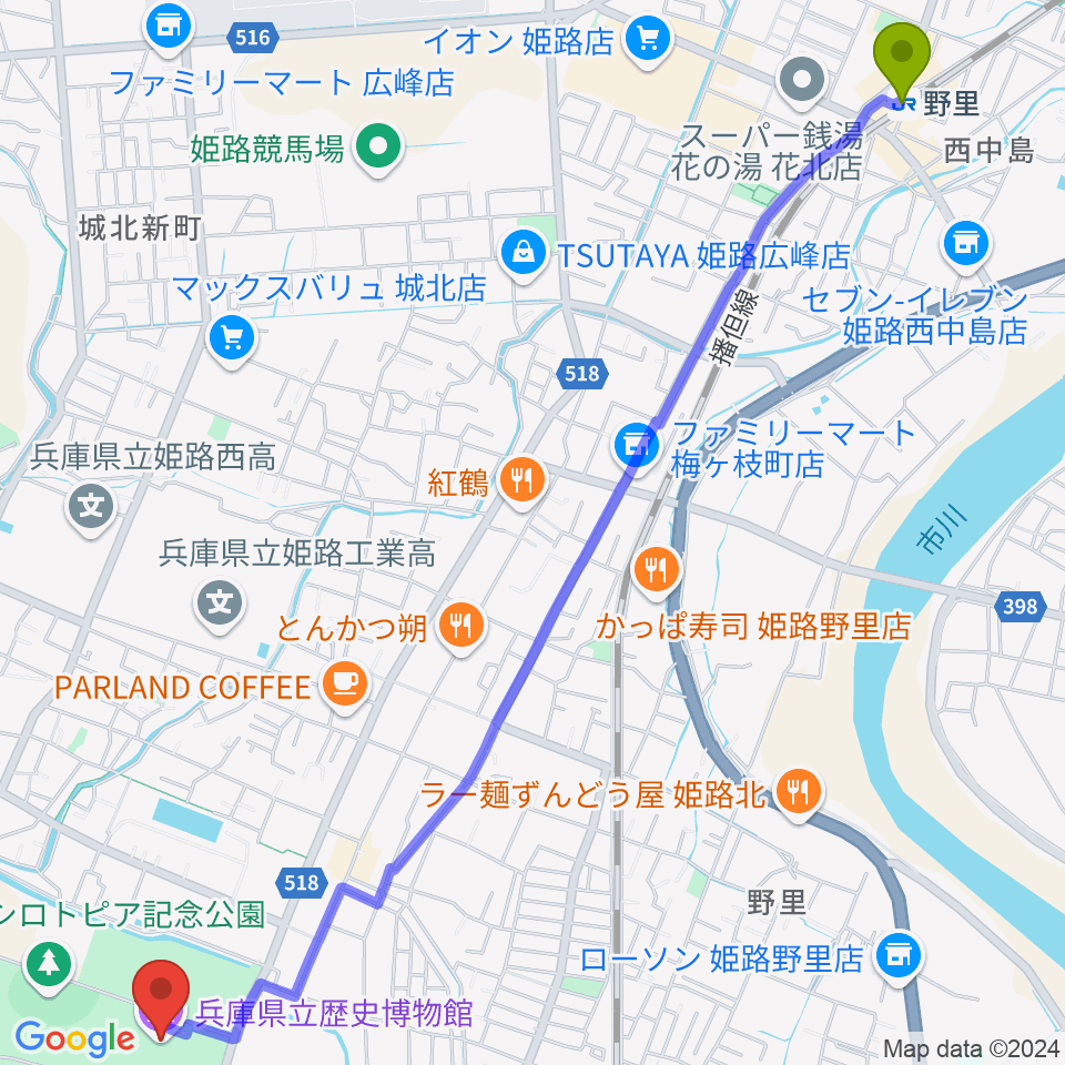 野里駅から兵庫県立歴史博物館へのルートマップ地図