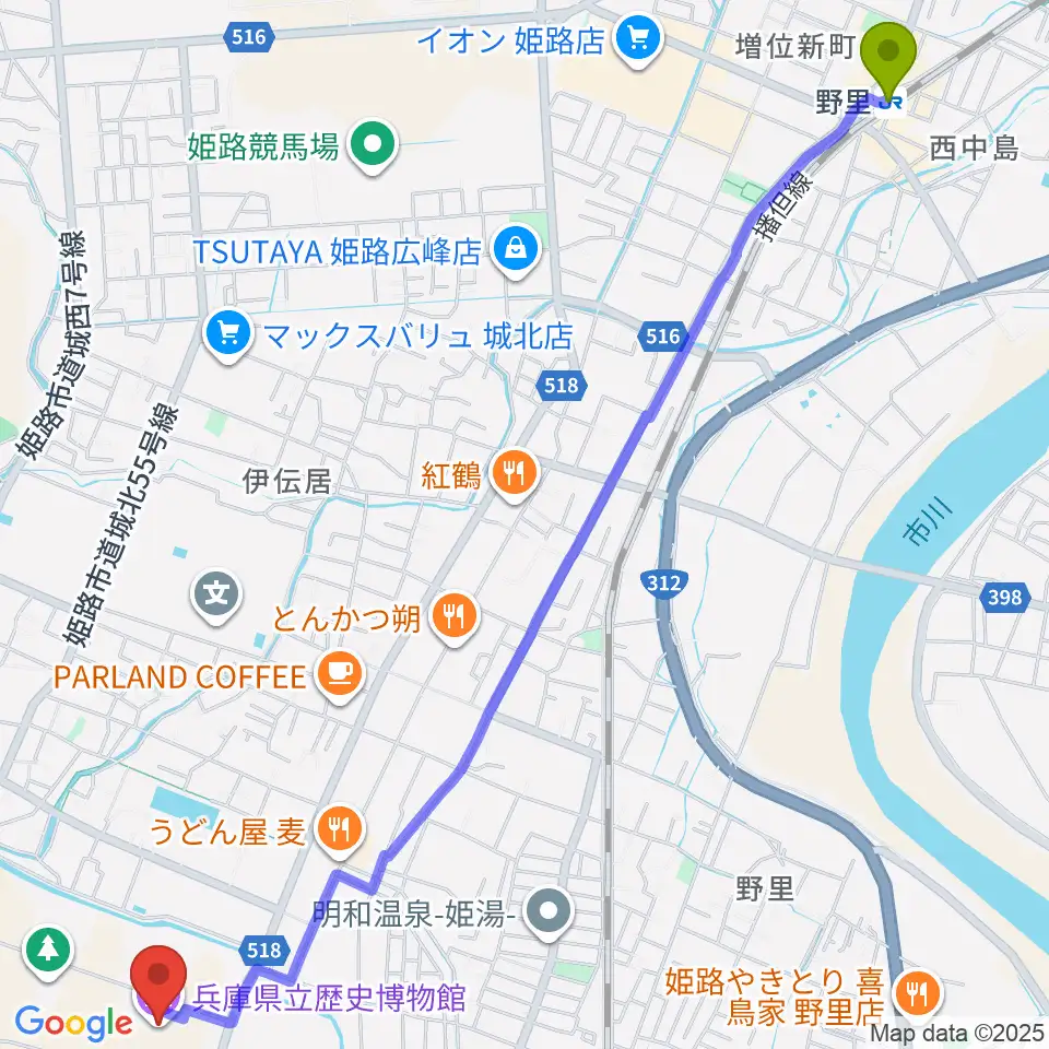野里駅から兵庫県立歴史博物館へのルートマップ地図