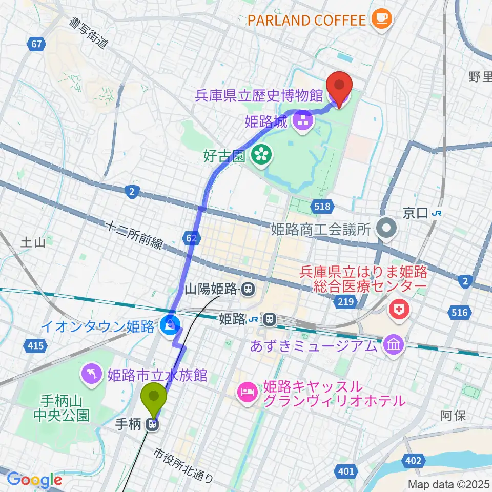 手柄駅から兵庫県立歴史博物館へのルートマップ地図
