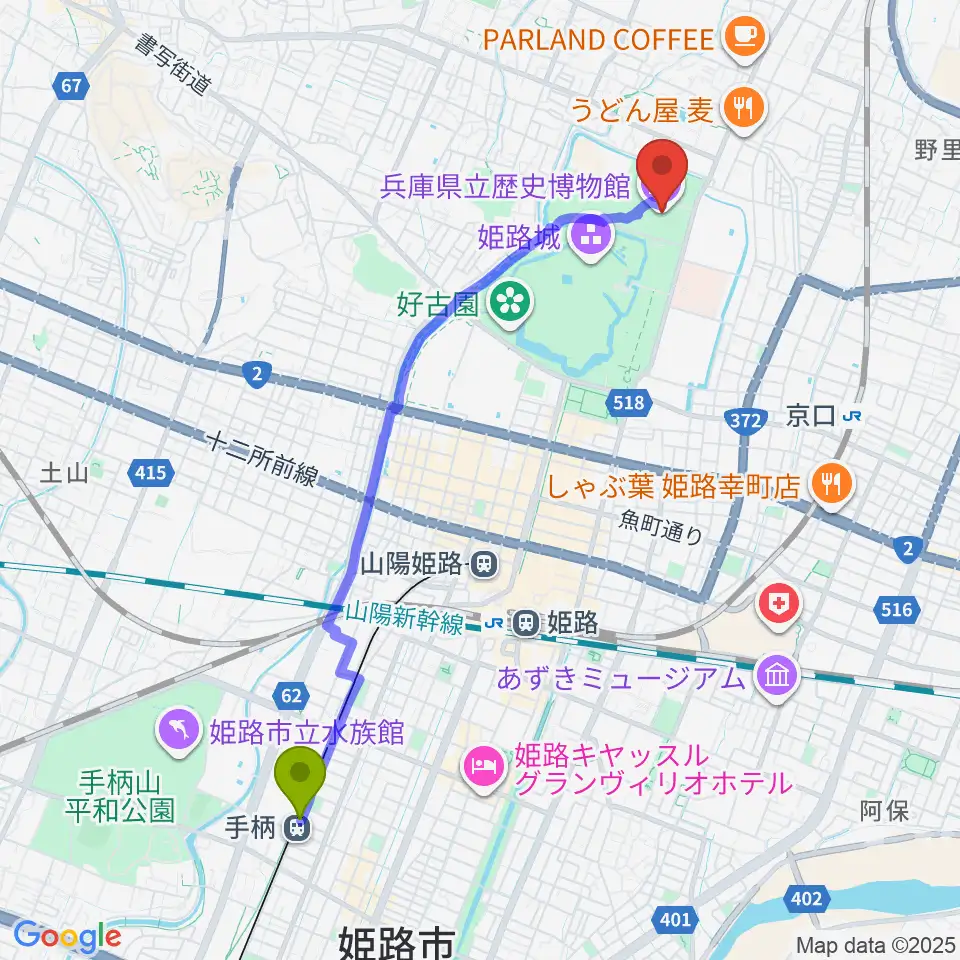 手柄駅から兵庫県立歴史博物館へのルートマップ地図