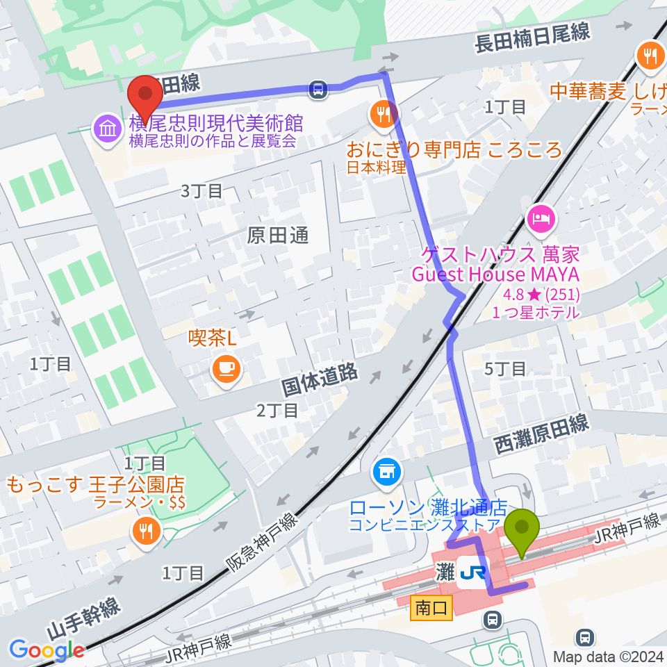 原田の森ギャラリーの最寄駅灘駅からの徒歩ルート（約7分）地図