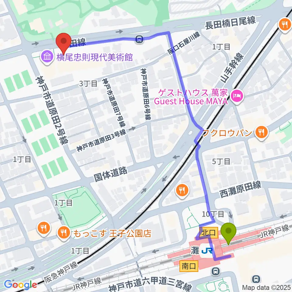原田の森ギャラリーの最寄駅灘駅からの徒歩ルート（約7分）地図