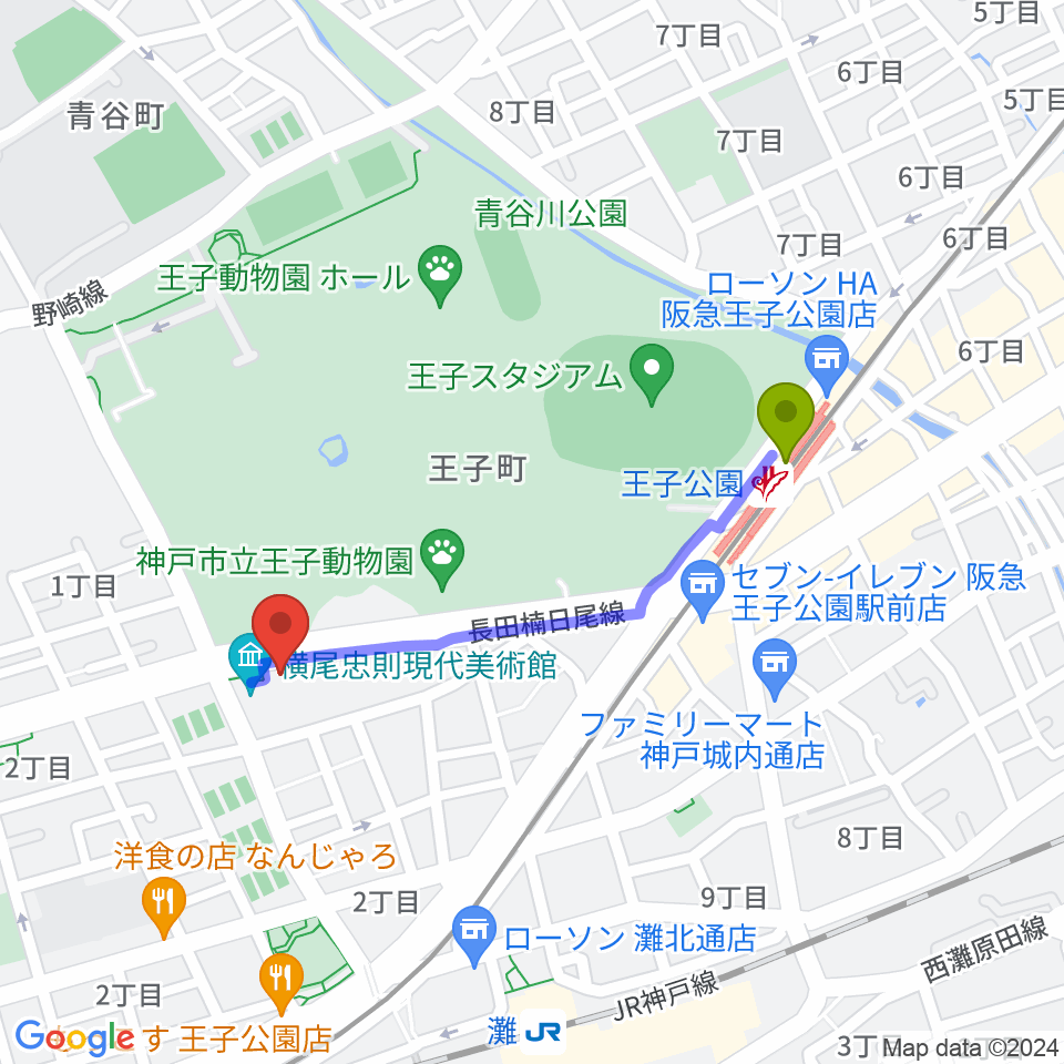 王子公園駅から原田の森ギャラリーへのルートマップ地図