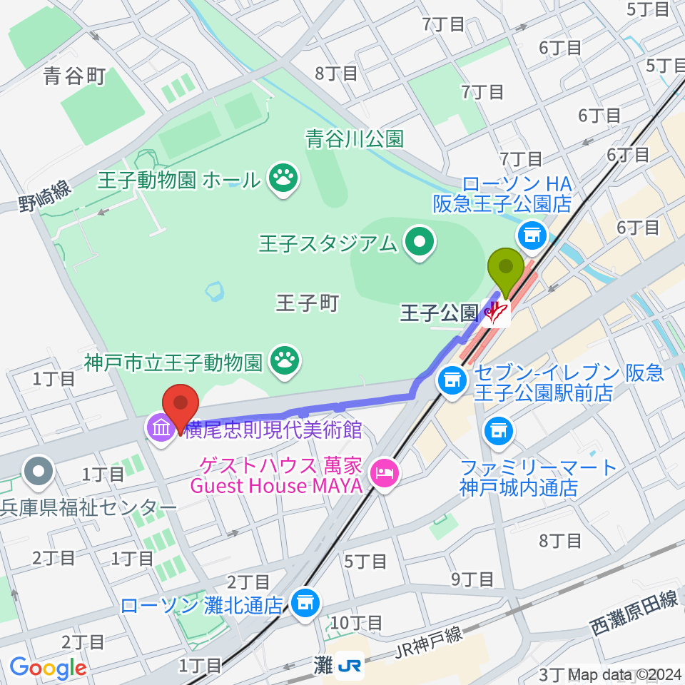 王子公園駅から原田の森ギャラリーへのルートマップ地図