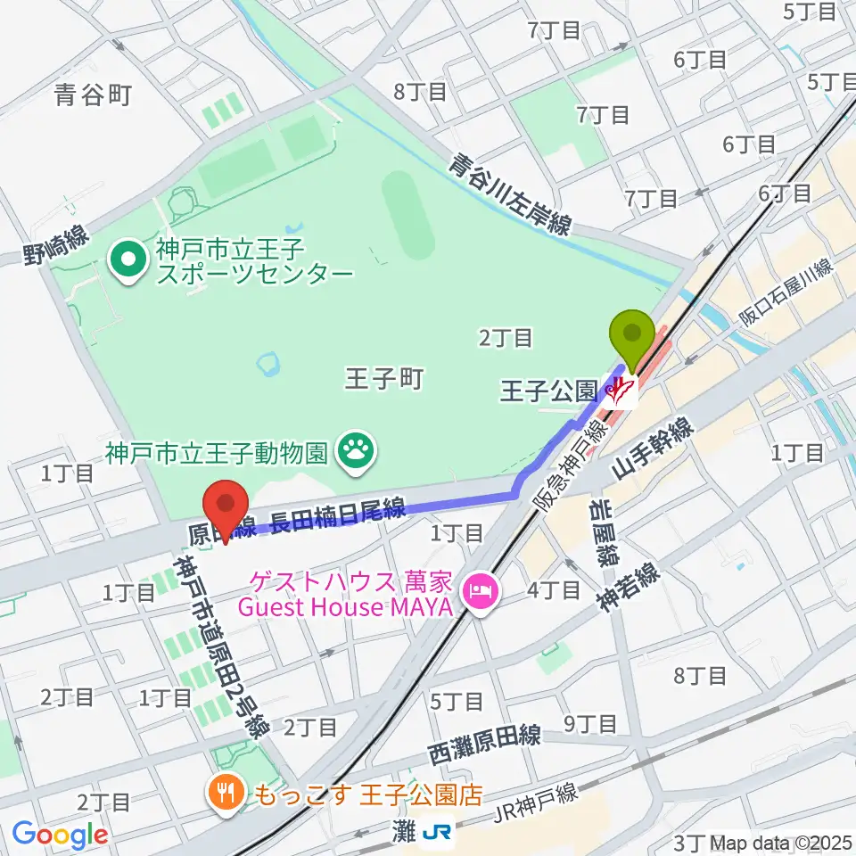 王子公園駅から原田の森ギャラリーへのルートマップ地図