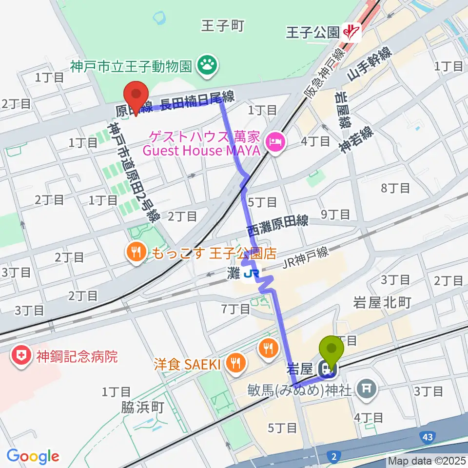 岩屋駅から原田の森ギャラリーへのルートマップ地図