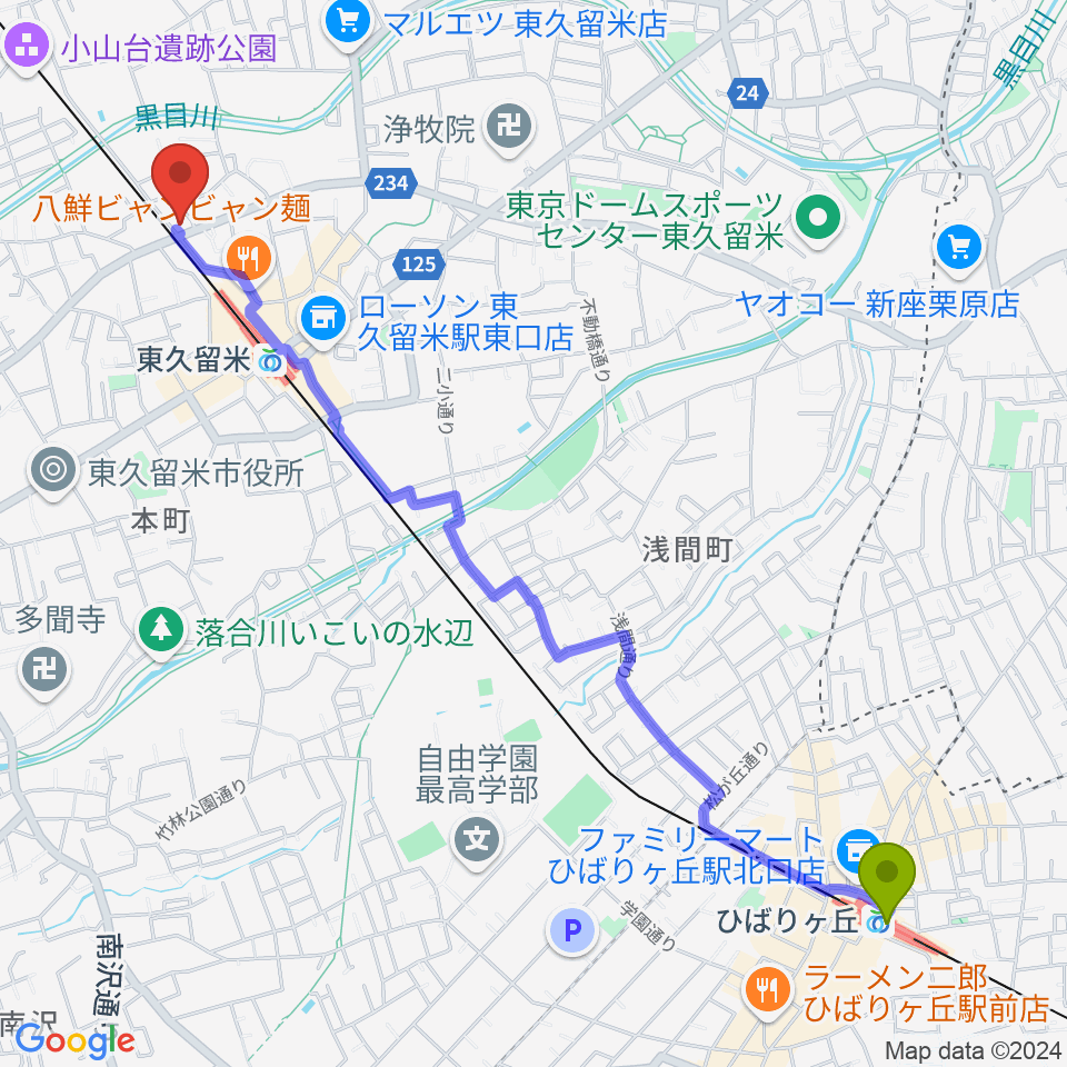 ひばりヶ丘駅からスタジオsus４へのルートマップ地図