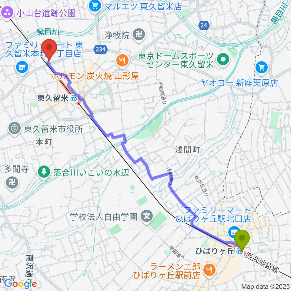 ひばりヶ丘駅からスタジオsus４へのルートマップ地図