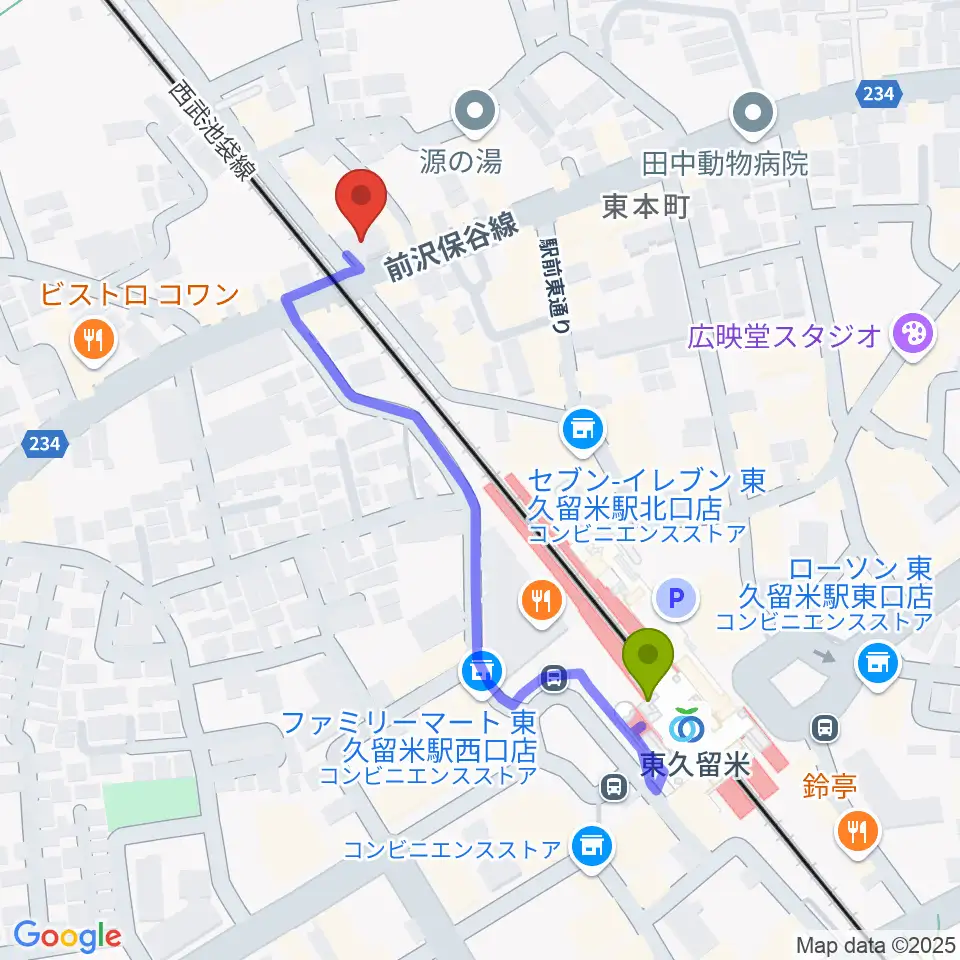 スタジオsus４の最寄駅東久留米駅からの徒歩ルート（約4分）地図