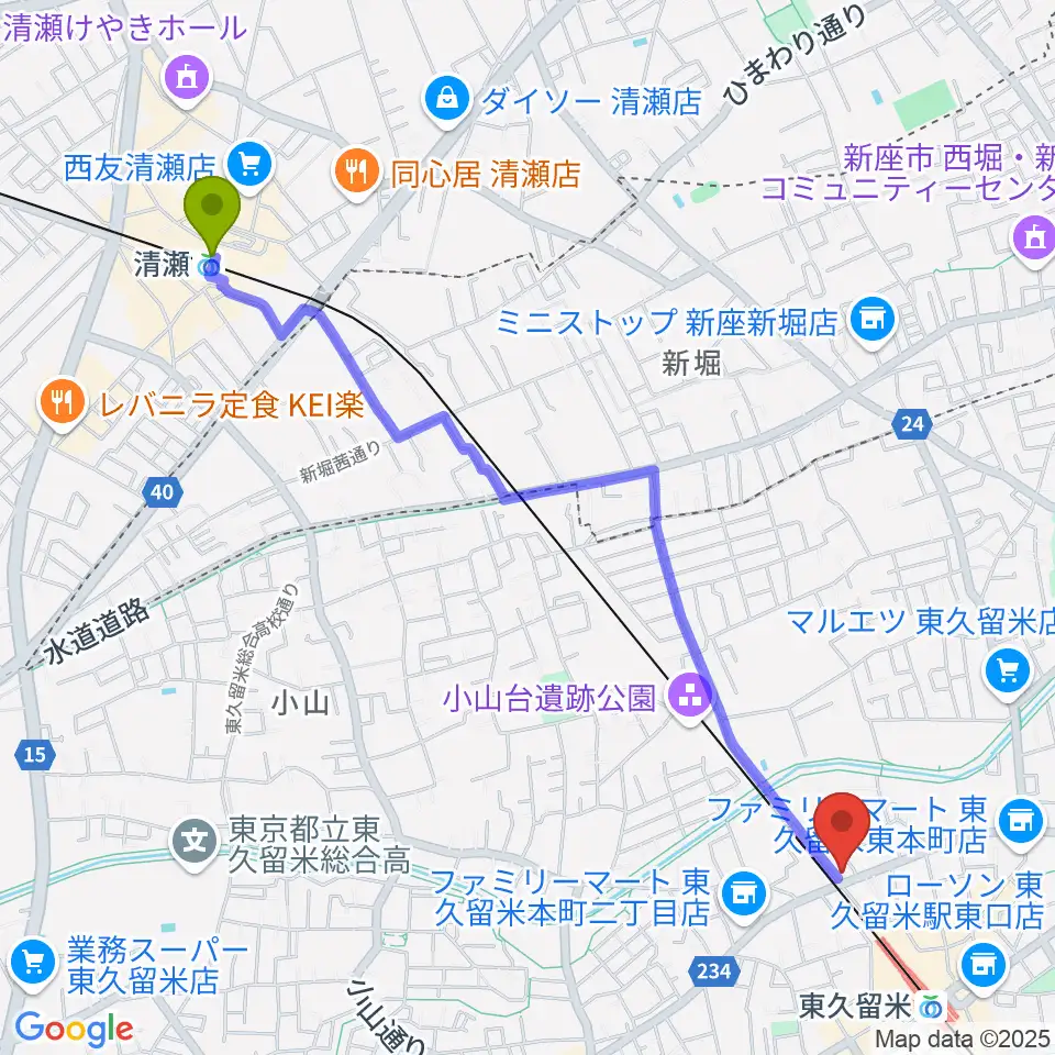 清瀬駅からスタジオsus４へのルートマップ地図