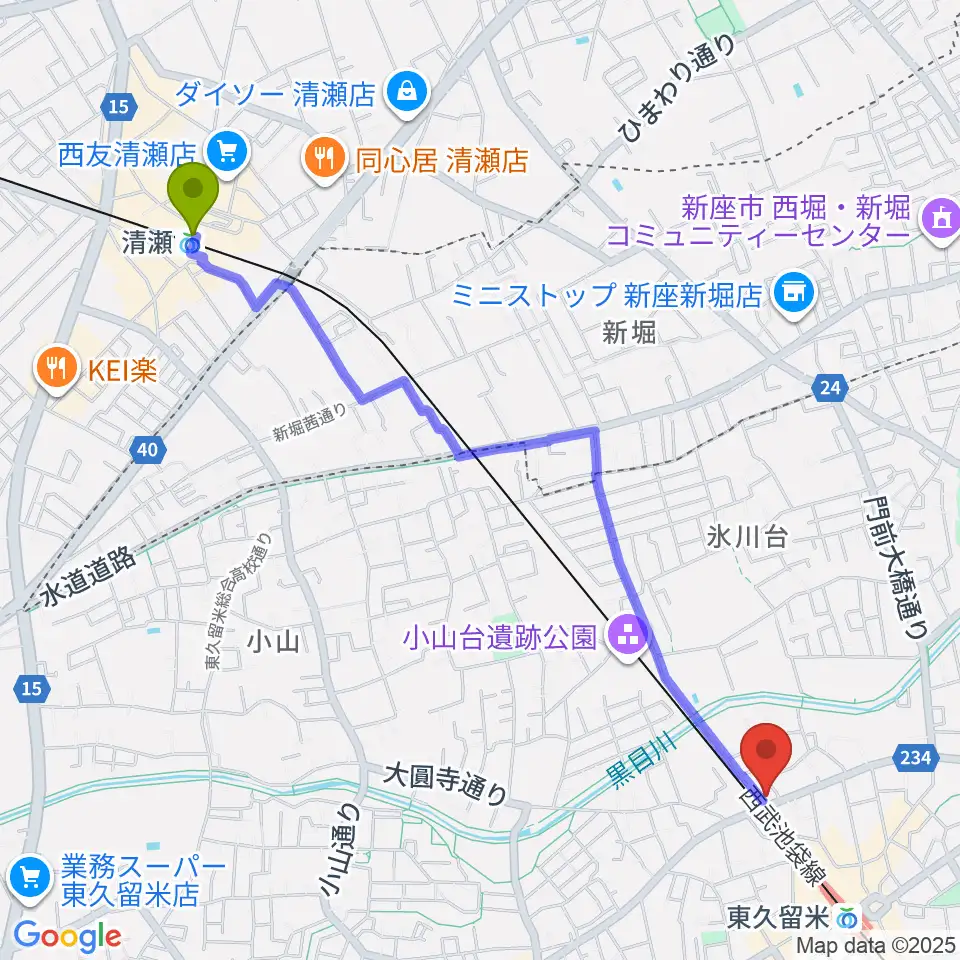 清瀬駅からスタジオsus４へのルートマップ地図