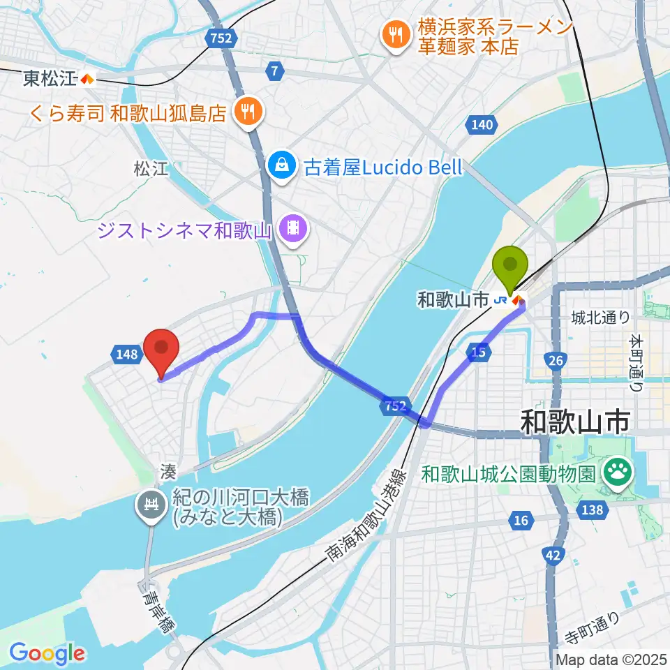 和歌山市駅からピノテラスへのルートマップ地図