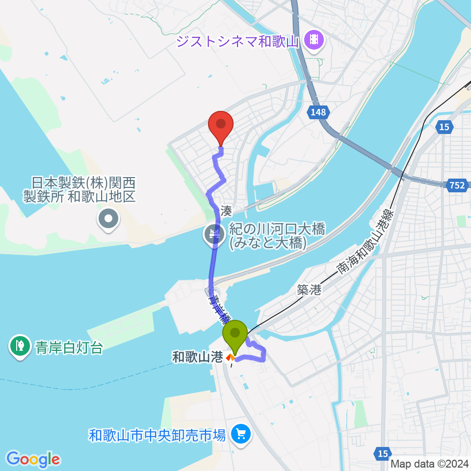 ピノテラスの最寄駅和歌山港駅からの徒歩ルート（約28分）地図