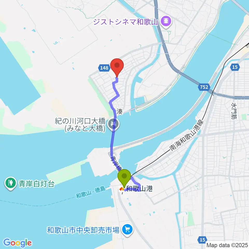 ピノテラスの最寄駅和歌山港駅からの徒歩ルート（約28分）地図