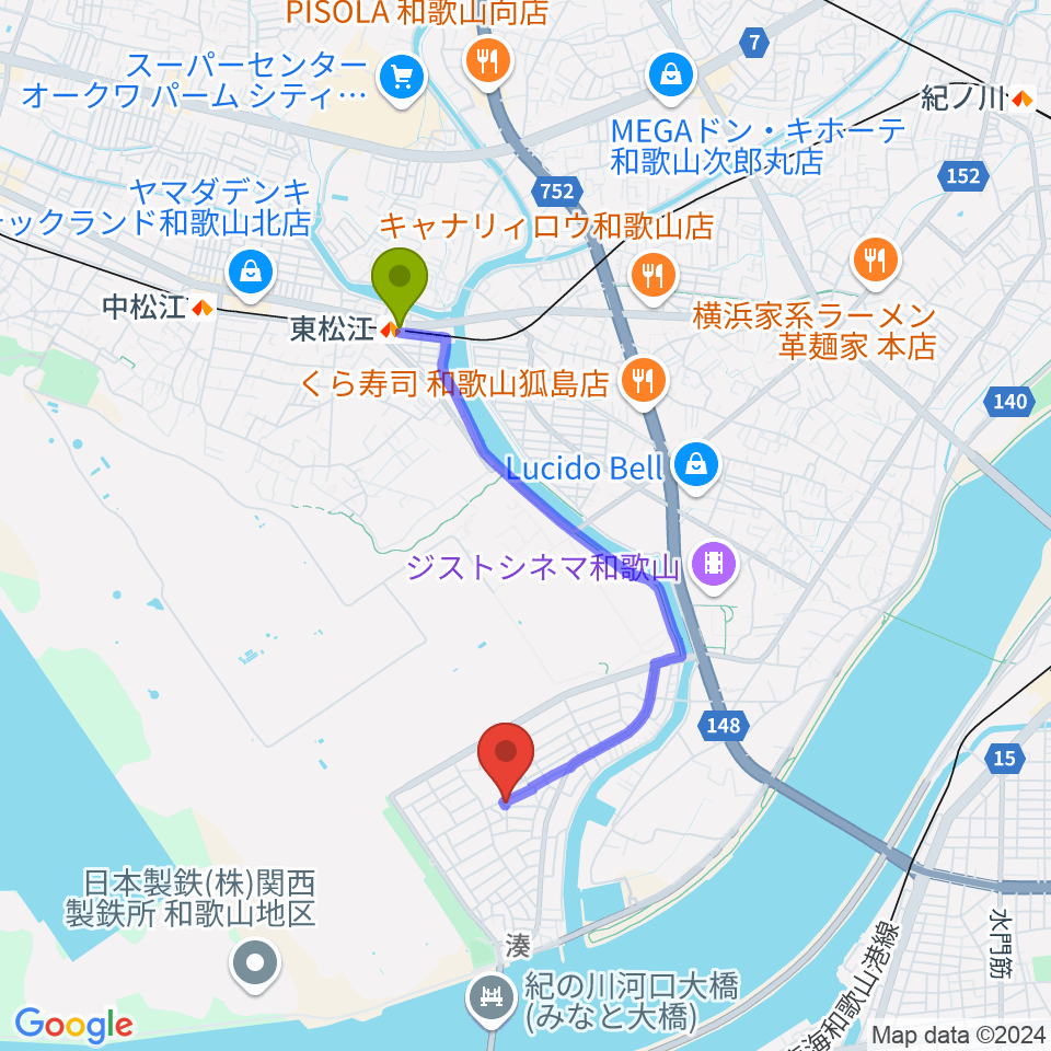 東松江駅からピノテラスへのルートマップ地図