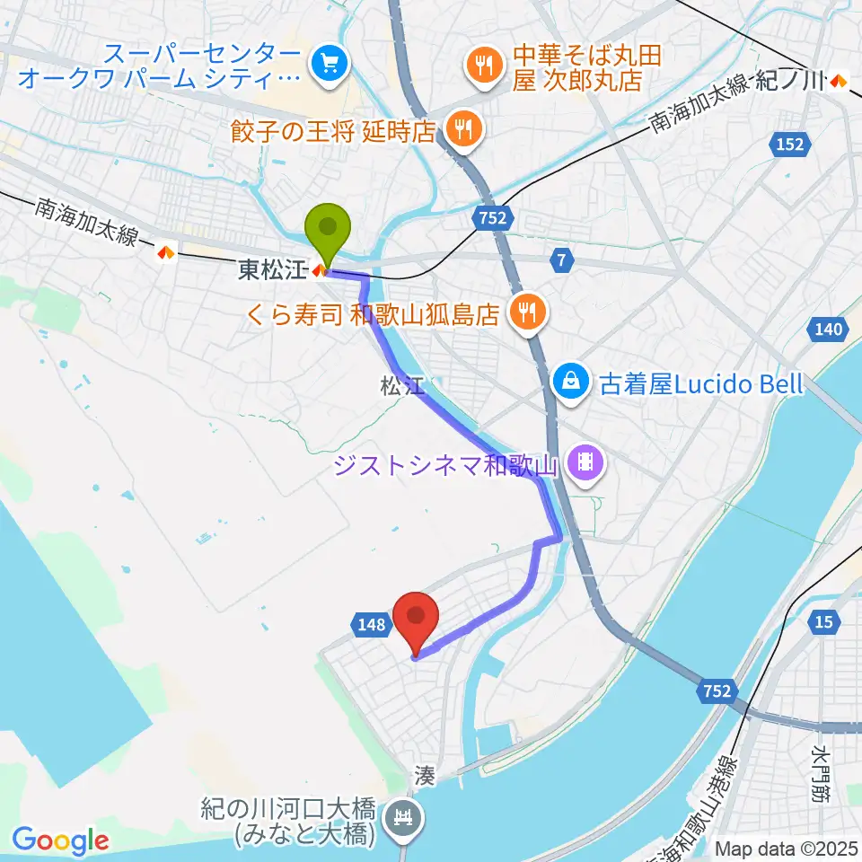 東松江駅からピノテラスへのルートマップ地図