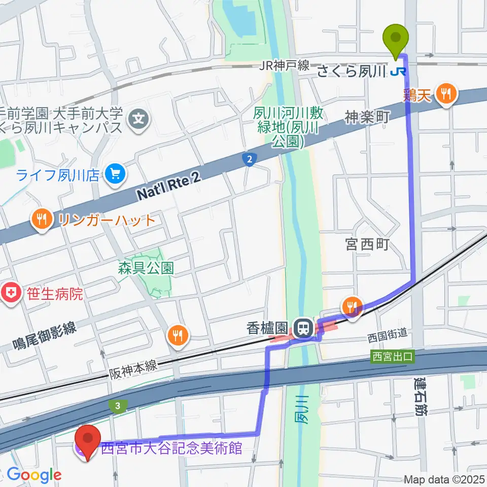 さくら夙川駅から西宮市大谷記念美術館へのルートマップ地図