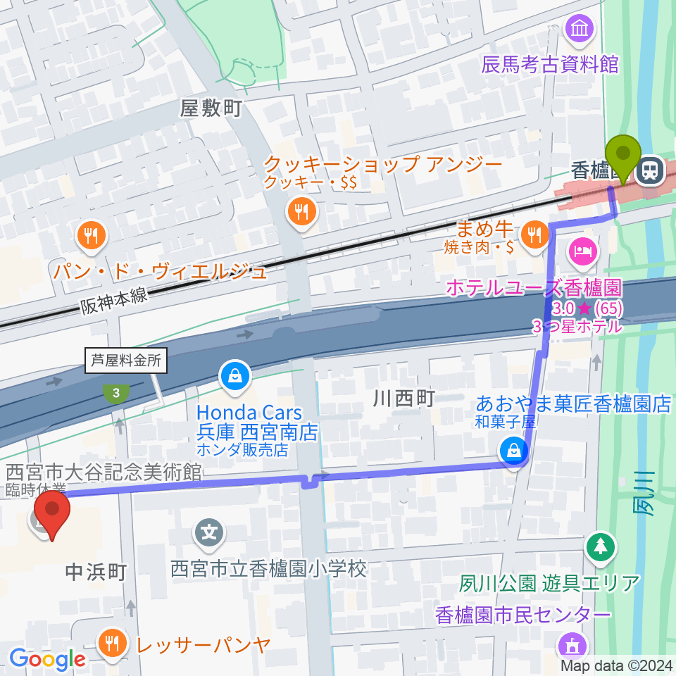 西宮市大谷記念美術館の最寄駅香櫨園駅からの徒歩ルート（約8分）地図