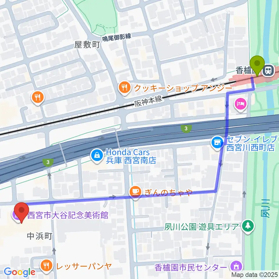 西宮市大谷記念美術館の最寄駅香櫨園駅からの徒歩ルート（約8分）地図