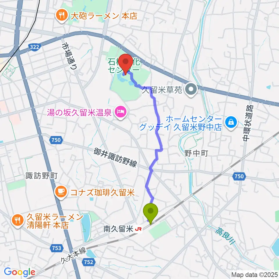 南久留米駅から久留米市美術館へのルートマップ地図