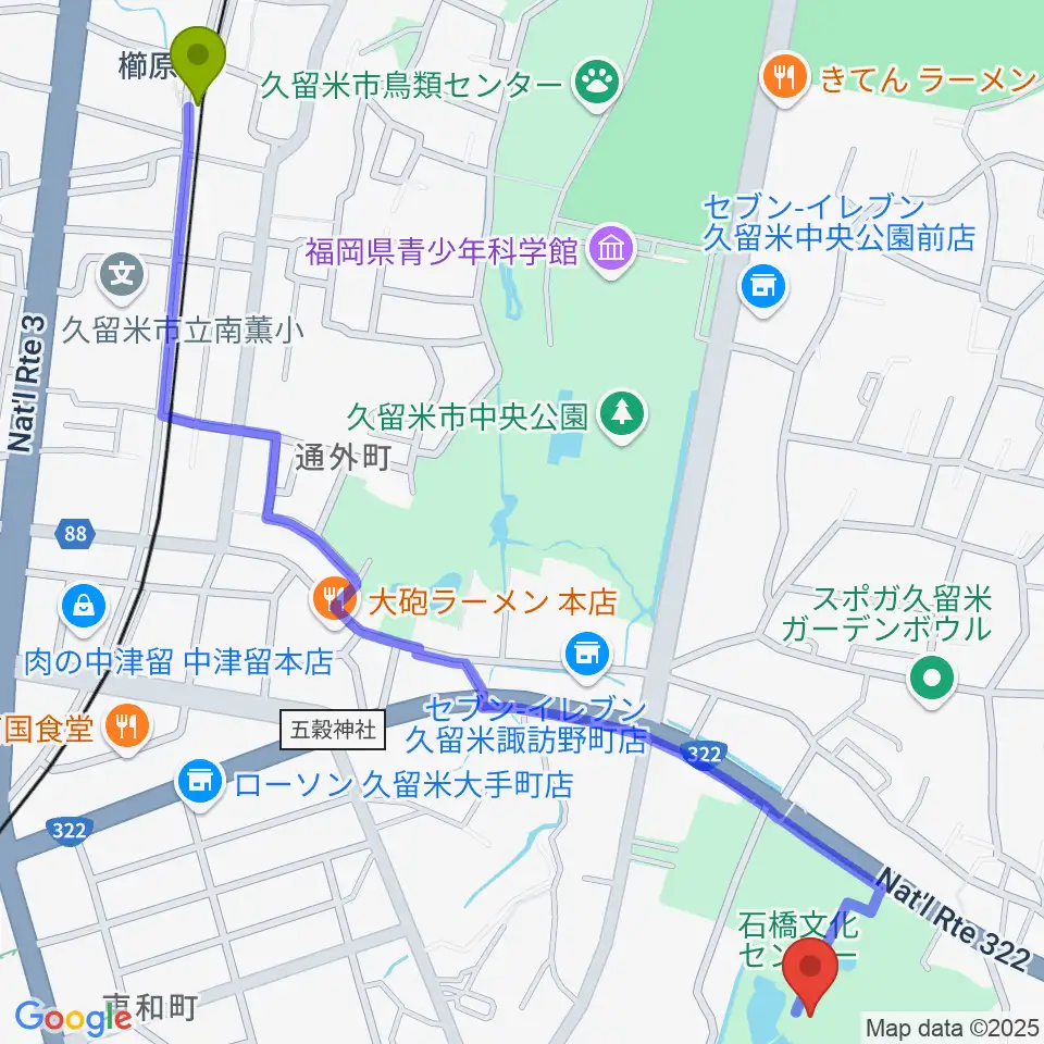 櫛原駅から久留米市美術館へのルートマップ地図