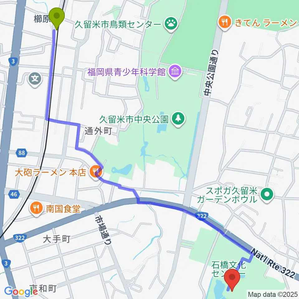 櫛原駅から久留米市美術館へのルートマップ地図