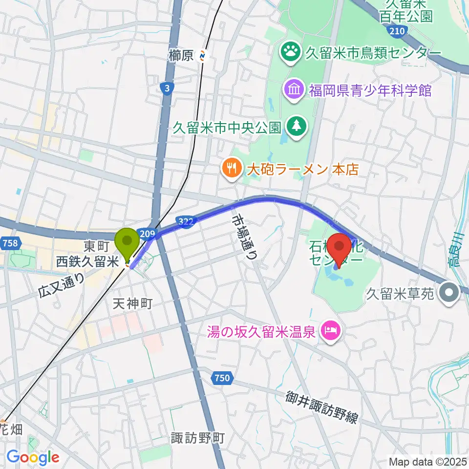 久留米市美術館の最寄駅西鉄久留米駅からの徒歩ルート（約14分）地図