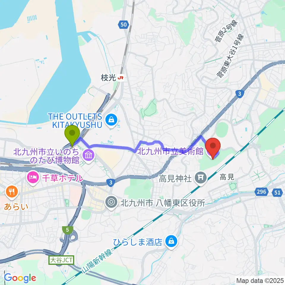 スペースワールド駅から北九州市立美術館へのルートマップ地図