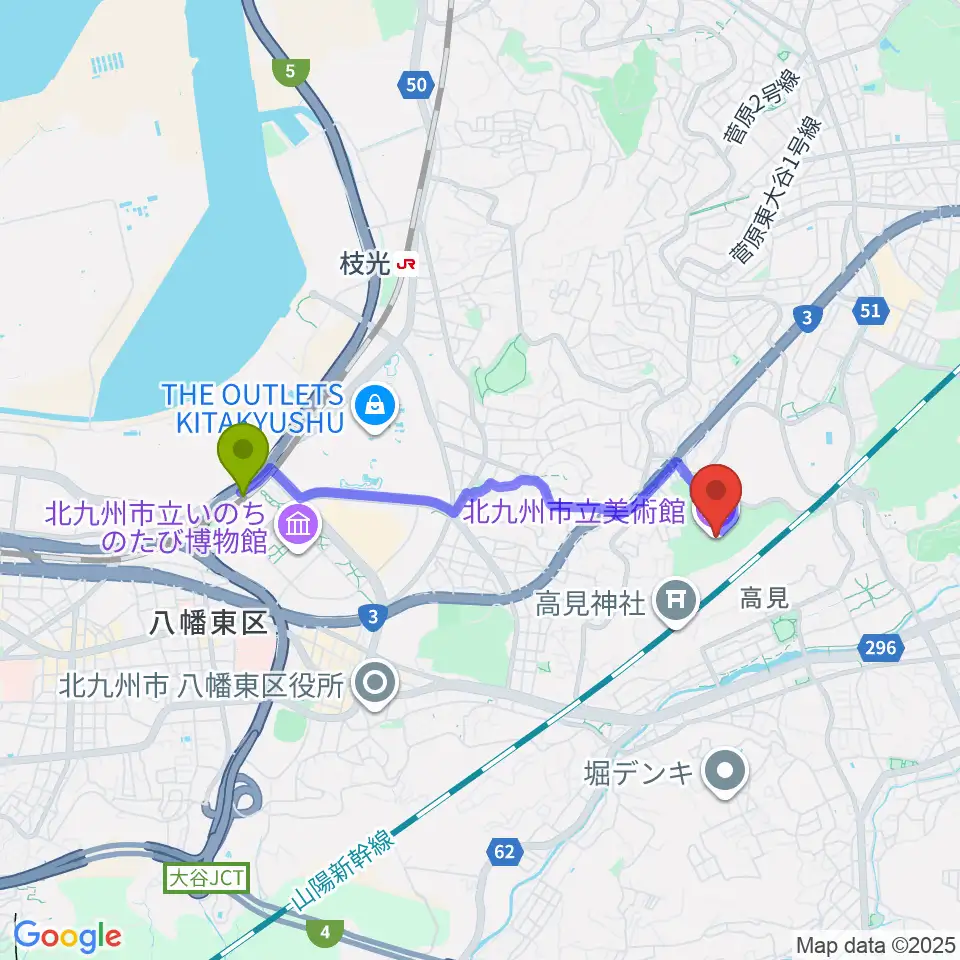 スペースワールド駅から北九州市立美術館へのルートマップ地図