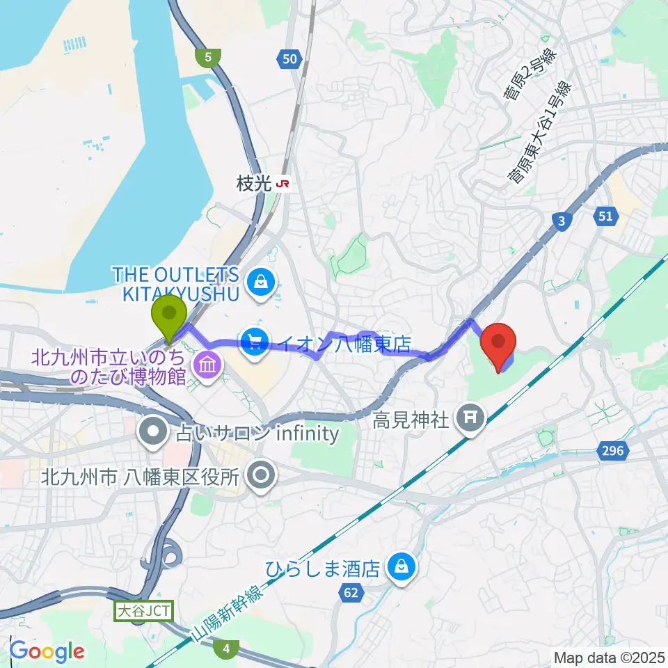 スペースワールド駅から北九州市立美術館へのルートマップ地図