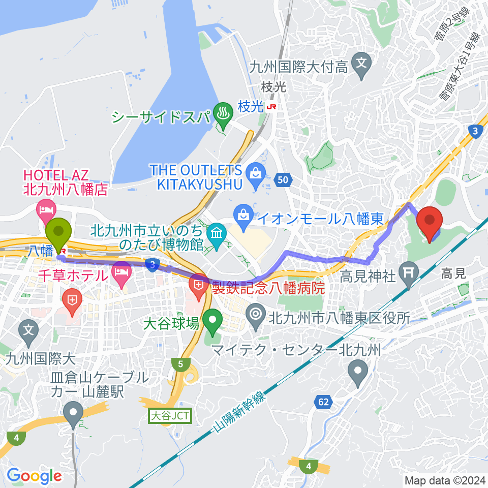 八幡駅から北九州市立美術館へのルートマップ地図